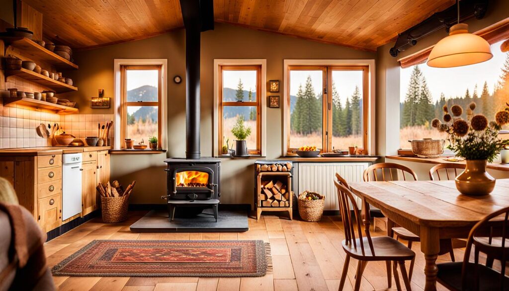 Open Concept Living Area with Wood Stove