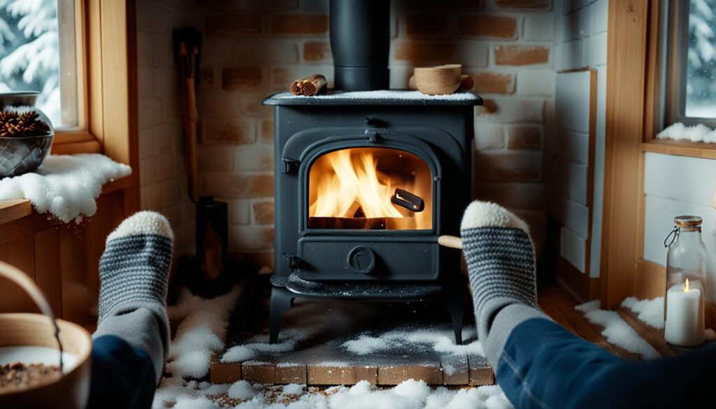 A person tends to their efficient wood-burning stove on a winter's day, surrounded by the warm, cozy ambiance of their living room, highlighting the comfort and savings of a well-maintained wood stove