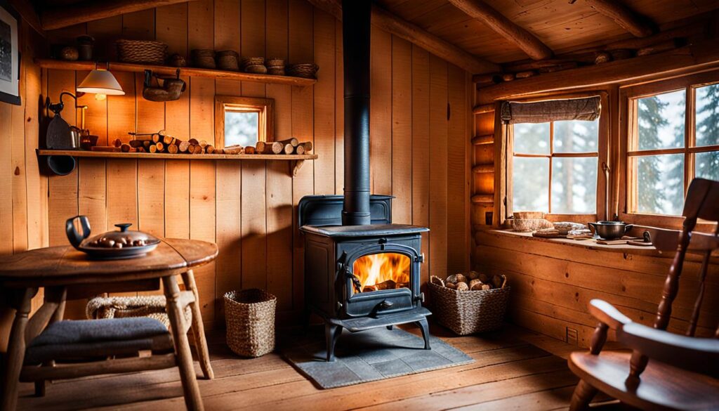 A compact cabin interior featuring a small wood stove, demonstrating efficient heating in a cozy space.