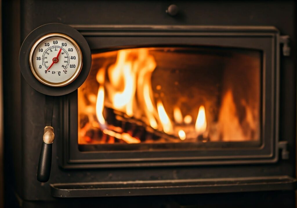 wood burning stove with large thermometer showing hot