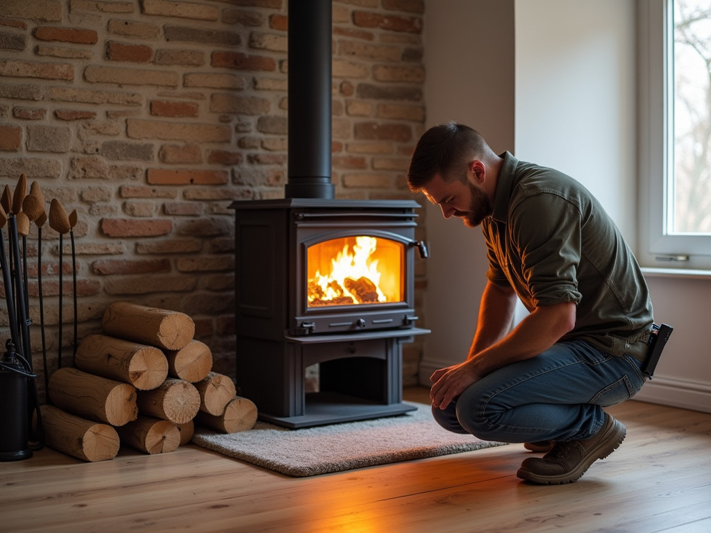 engineer installing wood stove in living room